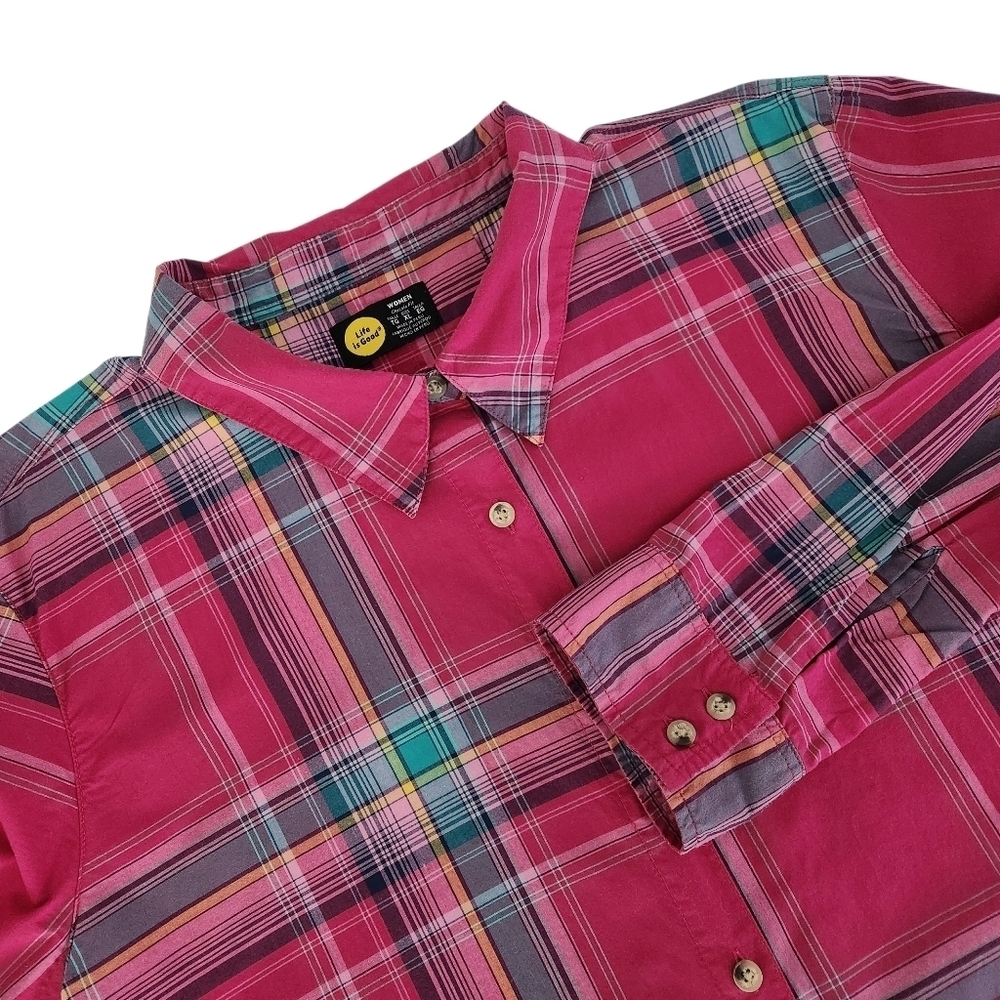 LIFE IS GOOD Pink Plaid Button Front Cotton Shirt Relaxed Casual Top xl
